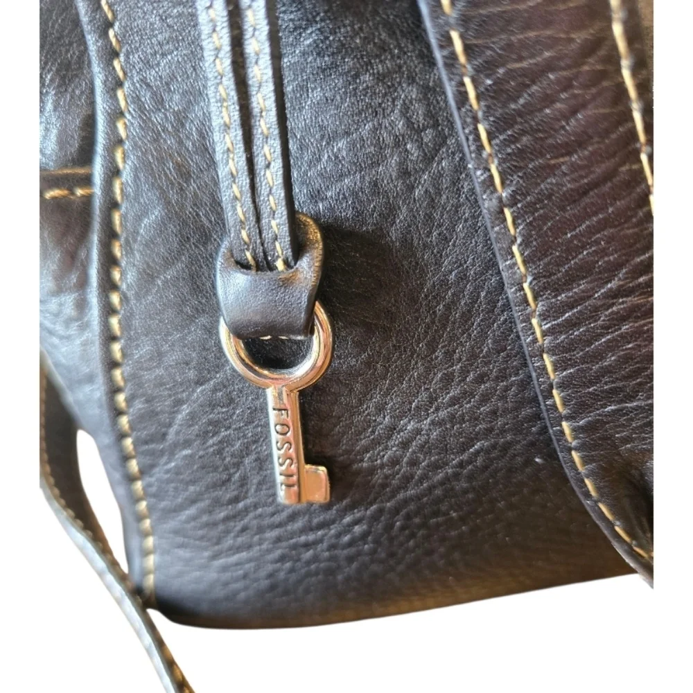 Fossil Black Pebbled Leather Multi Compartment Satchel Shoulder Bag